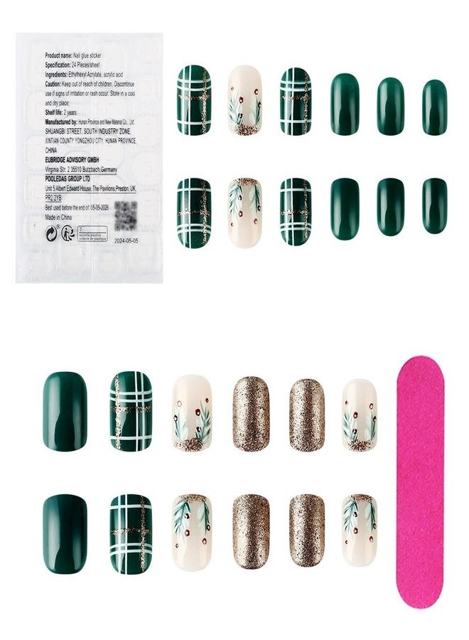 HJKDSFD Christmas Green Press on Nails Short Square Acrylic Nails Press on Winter Fake Nails with Gold Glitter Stripes Designs Full Cover Glue on Nails Xmas Glossy Artificial False Nails for Women 24Pcs - Image 5